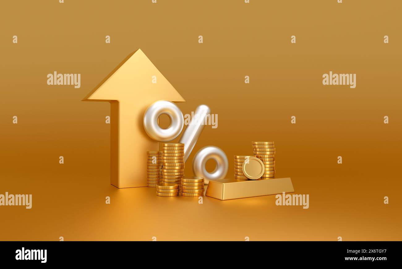 Illustrazione 3D di lusso con un segno di percentuale, pile di monete d'oro e una freccia verso l'alto su sfondo dorato Foto Stock