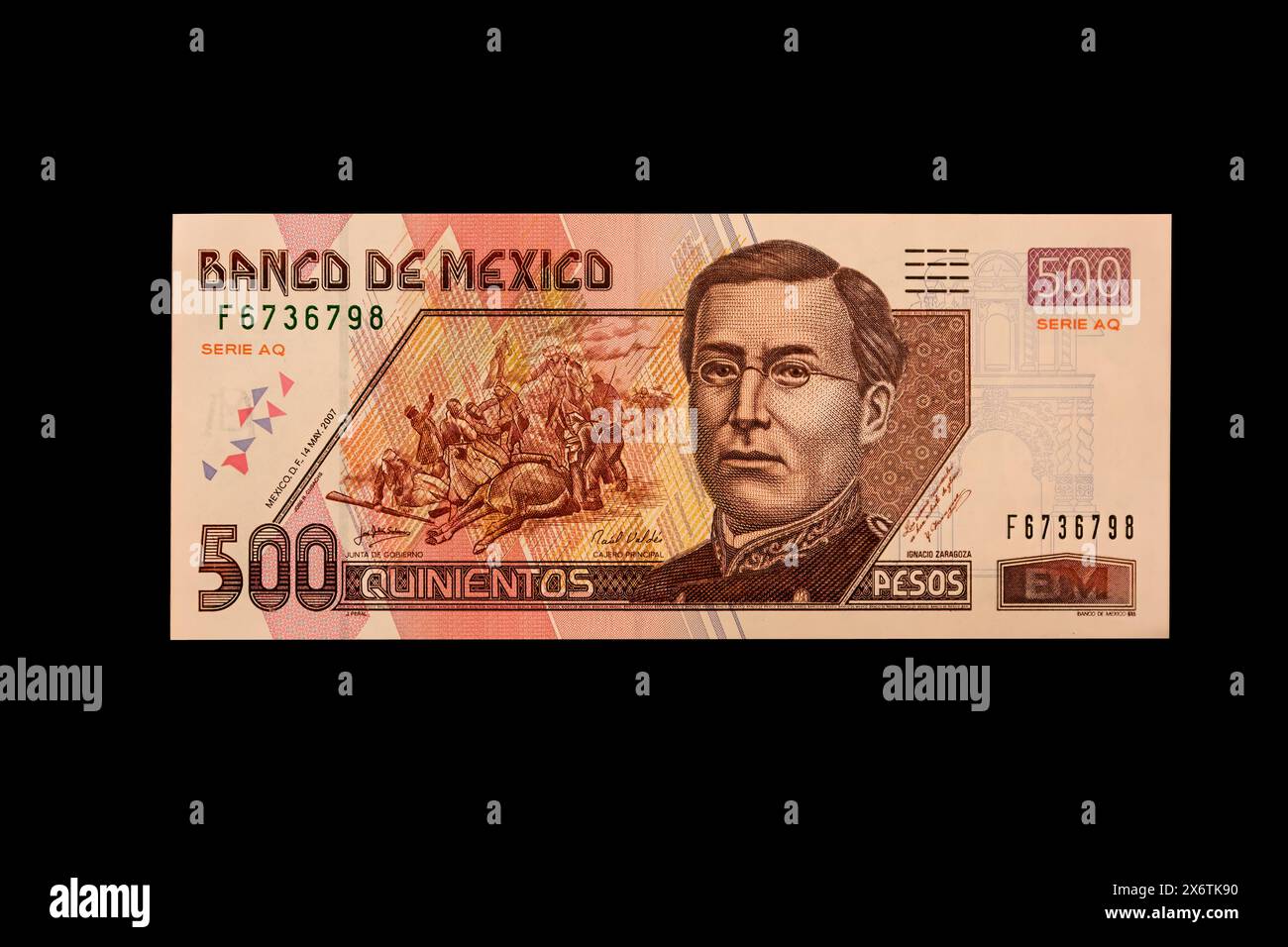 Messico, America del Nord. Cinquecento Pesos banconota che mostra Ignacio Zaragoza, generale messicano che ha sconfitto il francese nella battaglia di Puebla, Cinco Foto Stock