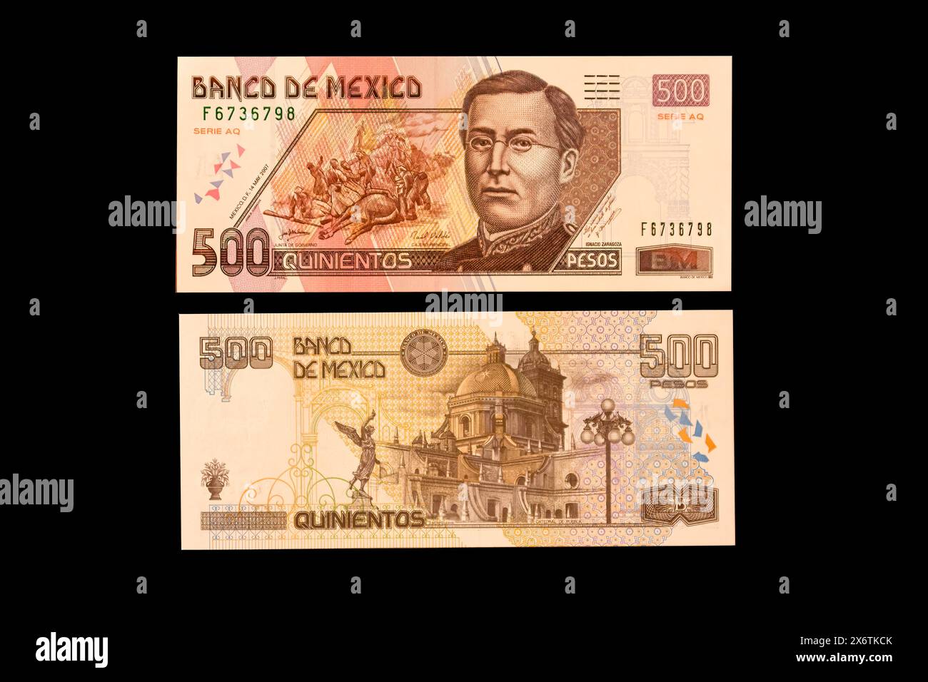 Messico, America del Nord. Cinquecento Pesos banconota che mostra Ignacio Zaragoza, generale messicano che ha sconfitto il francese nella battaglia di Puebla, Cinco Foto Stock