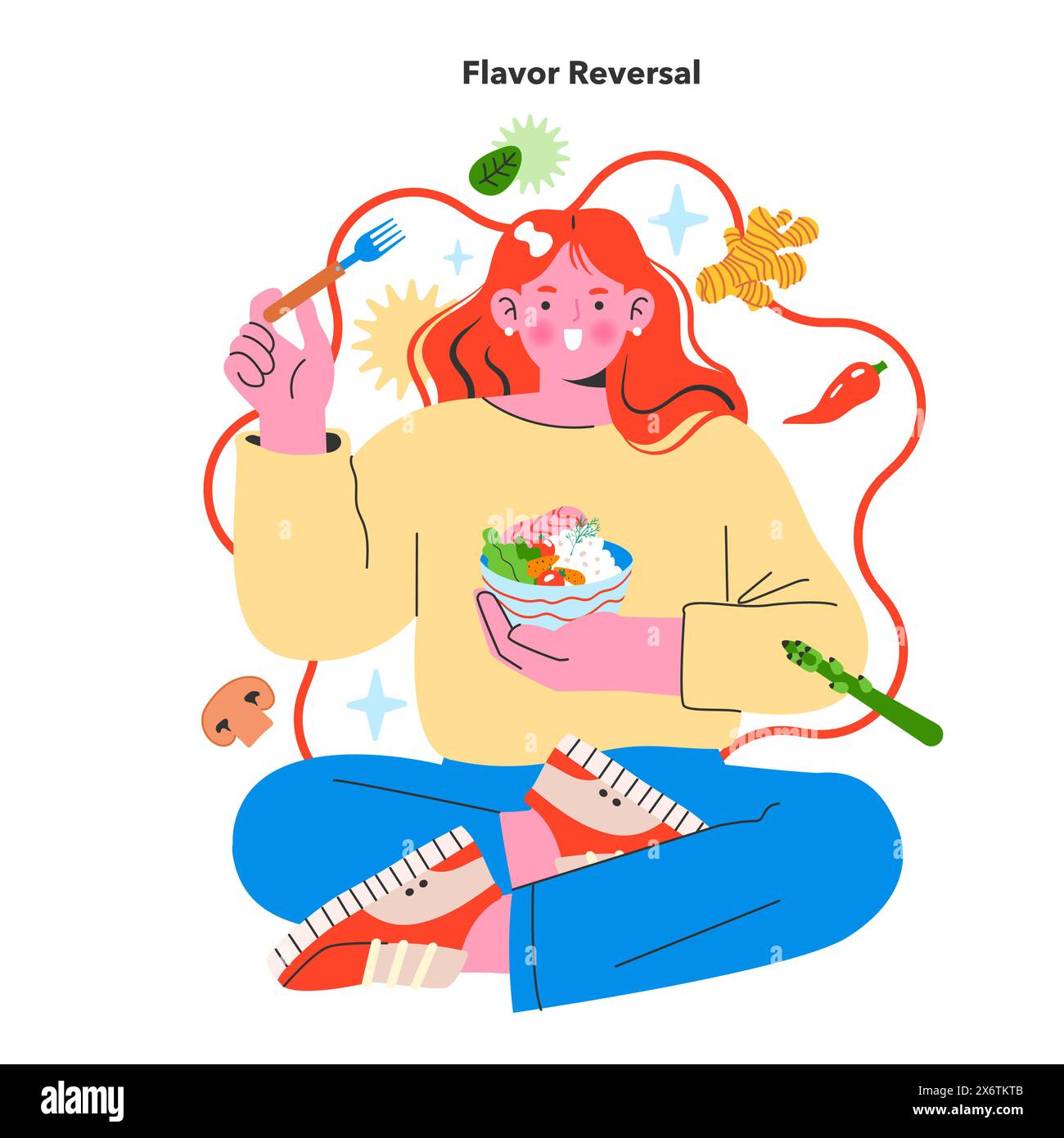 Concetto di inversione di gusto. Donna gioiosa che prova sapori insoliti, con cibo e ingredienti che fluttuano intorno. Divertente avventura culinaria. Illustrazione vettoriale. Illustrazione Vettoriale