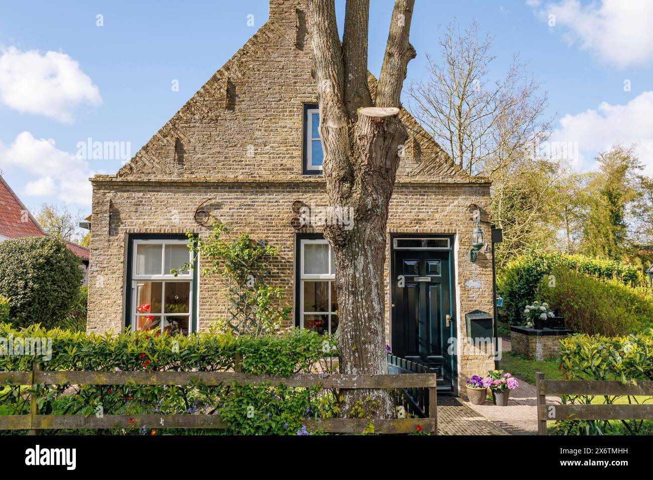 Rustica casa in mattoni con albero nel giardino frontale e fascino rurale, circondata da verde vegetazione in primavera, case storiche in un piccolo villaggio con Foto Stock