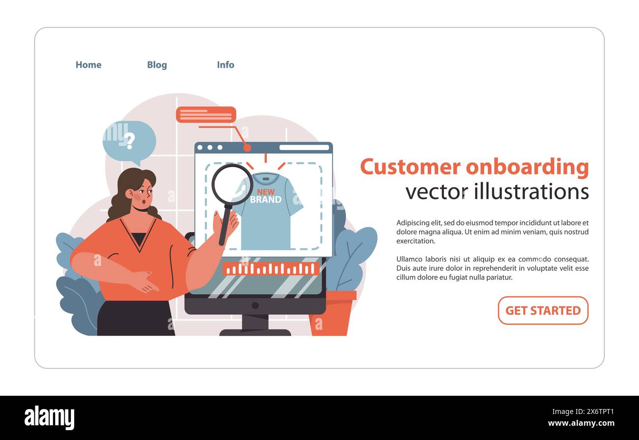 Concetto di onboarding del cliente. Una guida visiva per presentare ai nuovi clienti le offerte del marchio con una maggiore attenzione alla qualità e ai dettagli. Illustrazione vettoriale piatta. Illustrazione Vettoriale