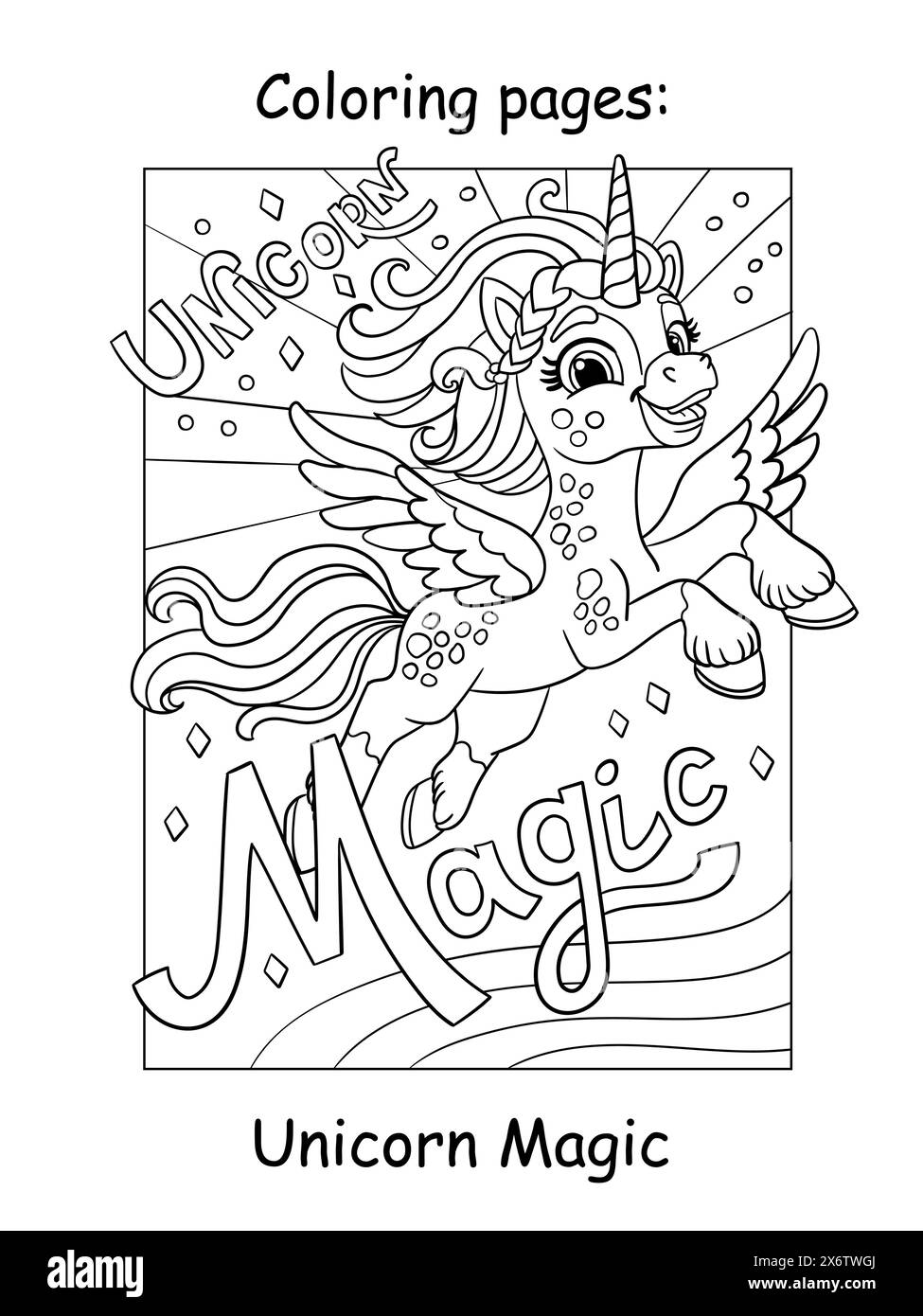 Colorare l'unicorno e scrivere il vettore magico dell'unicorno Illustrazione Vettoriale