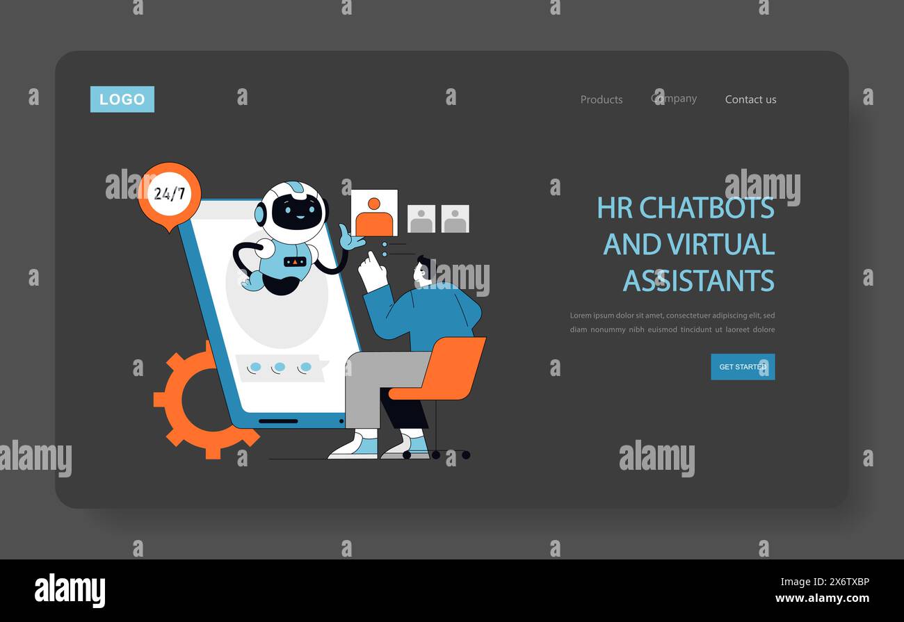 Il concetto di chatbot HR e assistenti virtuali è disponibile 24 ore su 24 e fornisce servizi HR che integrano l'intelligenza artificiale per il supporto dei dipendenti illustrazione vettoriale Illustrazione Vettoriale