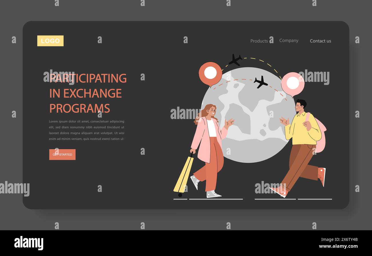 Concetto di programmi di scambio globali. Studenti con bagagli che camminano di fronte a un globo stilizzato, promuovendo l'educazione internazionale. Esperienze interculturali. Illustrazione vettoriale. Illustrazione Vettoriale