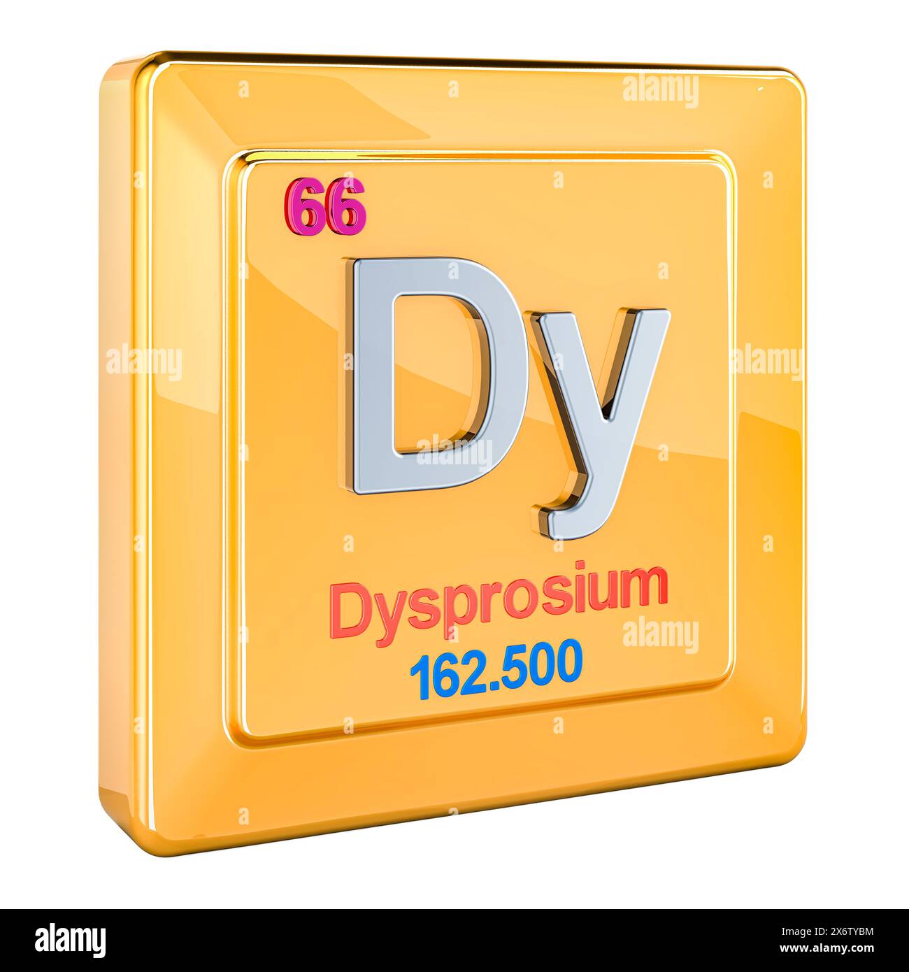 Dysprosium Dy, segno dell'elemento chimico con numero 66 nella tavola periodica. Rendering 3D isolato su sfondo bianco Foto Stock