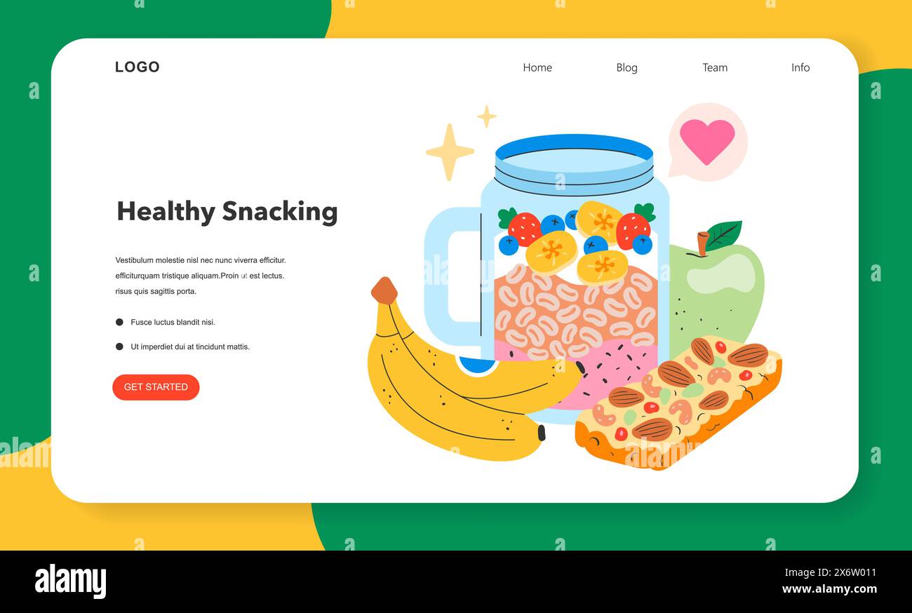 Concetto di snack salutari. Una pagina Web con un mix di frutta, noci e frullato mostra scelte nutrienti. Illustrazione vettoriale. Illustrazione Vettoriale