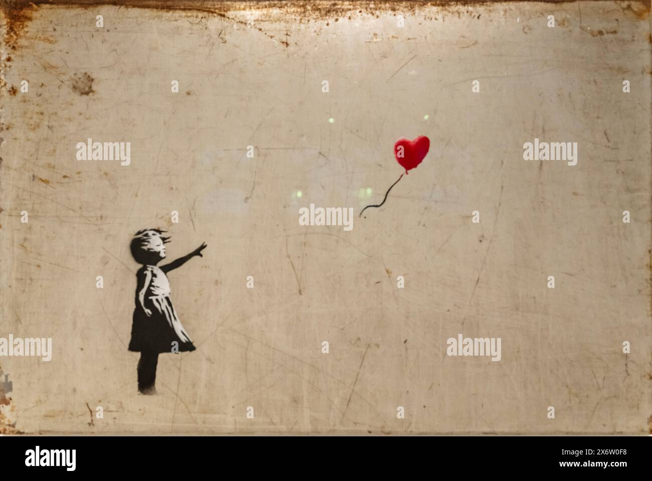 Banksy, Girl and Balloon, 2003, vernice spray su mensola metallica, Amsterdam, Paesi Bassi, Amsterdam, Paesi Bassi. Foto Stock