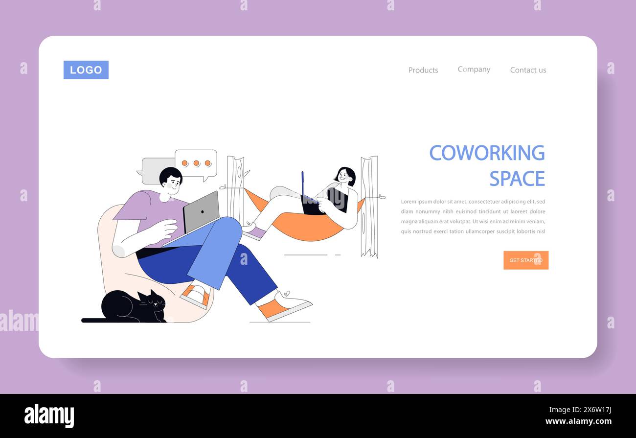 Concetto di spazio di coworking. Ambiente di lavoro remoto informale e collaborativo in cui il comfort incontra la produttività. Un'illustrazione vibrante e condivisa di un'area di lavoro virtuale. Illustrazione vettoriale. Illustrazione Vettoriale