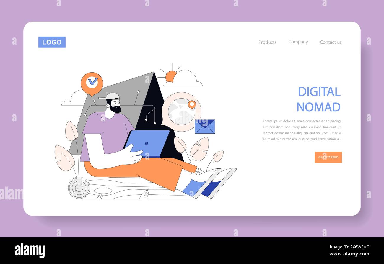 Stile di vita dei nomadi digitali. Abbracciare la libertà del lavoro remoto con un mondo come ufficio. Connettività e mobilità di lavoro senza problemi nell'era digitale. Illustrazione vettoriale. Illustrazione Vettoriale