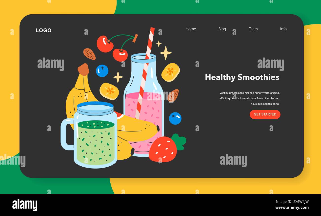 Concetto di snack salutari. Frutta e frullati colorati su una pagina Web vivace che promuove il benessere. Nutrimento, freschezza e vitalità attraverso la dieta. Illustrazione vettoriale. Illustrazione Vettoriale