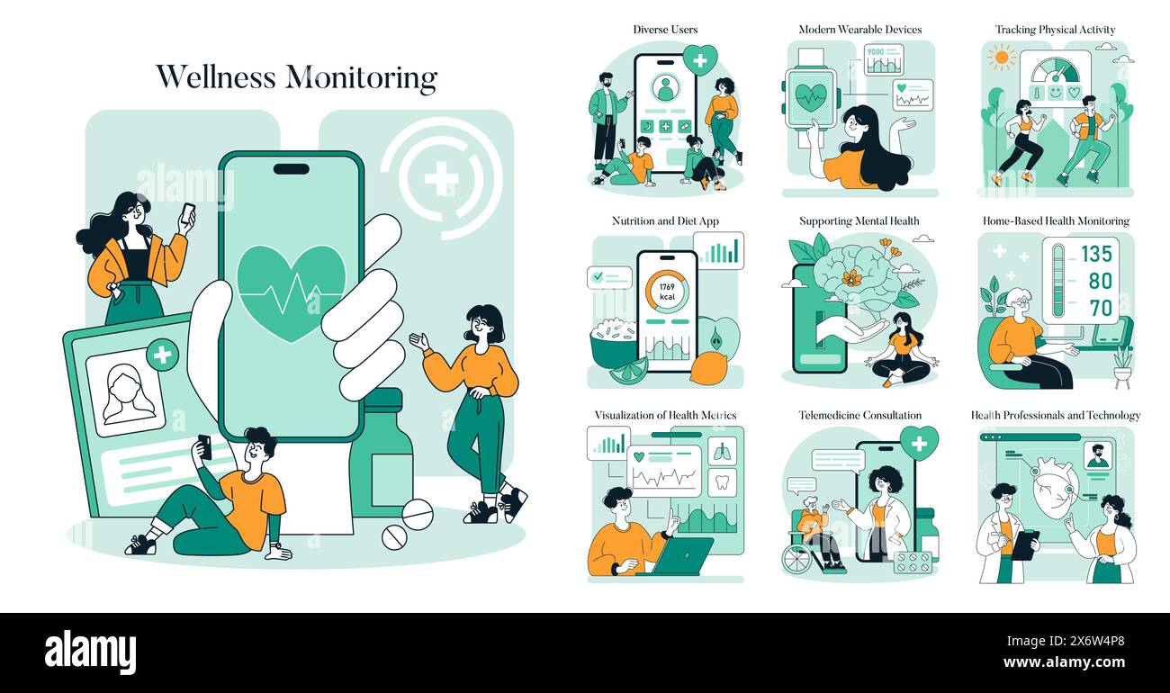 Set di monitoraggio del benessere. Tecnologia sanitaria digitale per la cura della persona. Monitoraggio dello stile di vita basato su app, telemedicina, gestione della nutrizione. Illustrazione vettoriale. Illustrazione Vettoriale