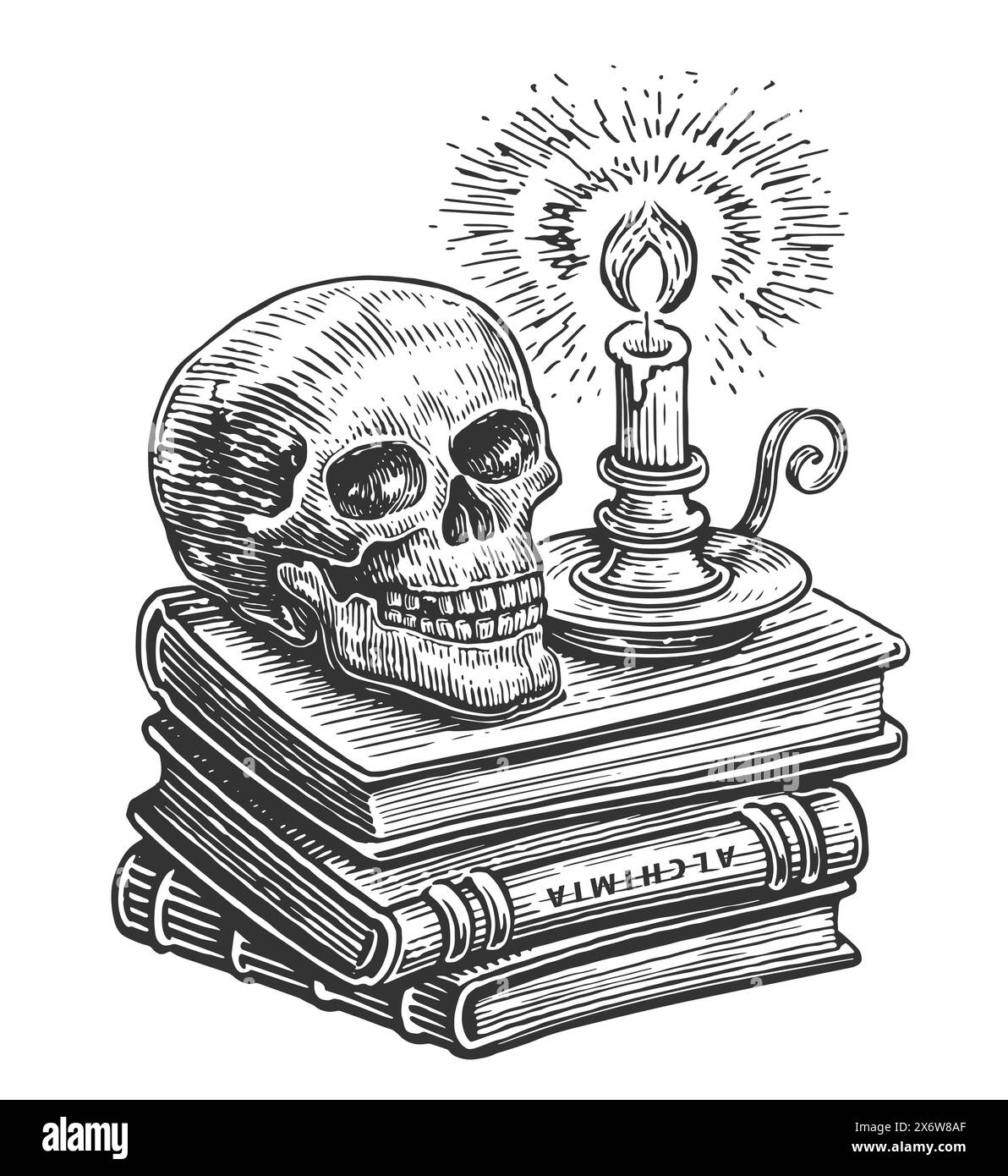 Composizione magica con teschio, libri incantesimi pila e candelabro con candela in fiamme. Halloween, disegno mistico Illustrazione Vettoriale