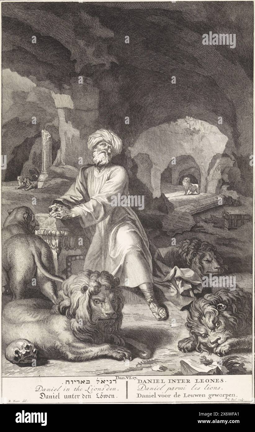 Daniel, nella tana del leone, Daniel è inginocchiato in una grotta, circondato da leoni. Illustrazione del testo della Bibbia Dan. 6:17. Sotto lo spettacolo il titolo in ebraico, inglese, tedesco, latino, francese e olandese. stampa, stampatore: Matthijs Pool, (menzionato sull'oggetto), dopo il disegno di: Bernard Picart, (menzionato sull'oggetto), editore: Bernard Picart, (eventualmente), stampatore: Amsterdam, editore: Amsterdam, editore: The Hague, 1705 - 1720 e/o 1720 - 1728, carta, incisione, altezza, 354 mm x larghezza, 226 mm Foto Stock