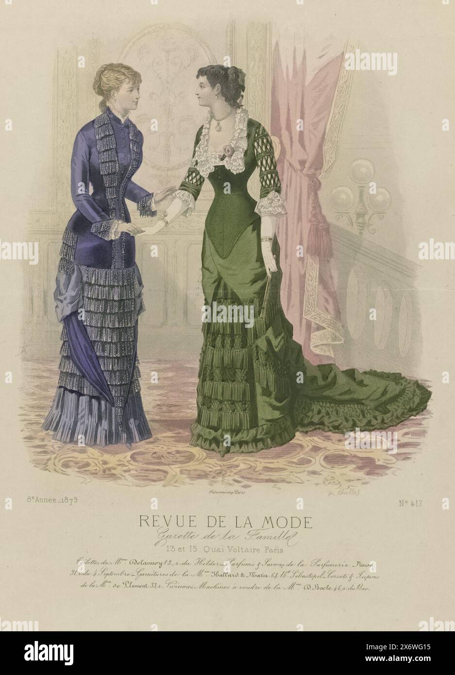 Revue de la Mode, Gazette de la Famille, 1879, 8e année, No. 417: Toilettes de Mme Delaunoy (...), due donne vestite con abiti di Delaunoy. Sulla destra un abito da sera con maniche semi lunghe e trenino, didascalia con alcune righe di testo pubblicitario per vari prodotti. Stampa dalla rivista di moda Revue de la Mode (1872-1913)., stampatore: A. Chaillot, (menzionato sull'oggetto), stampante: Falconer, (menzionato sull'oggetto), Parigi, 1879, carta, incisione, altezza c. 368 mm x larghezza c. 270 mm Foto Stock
