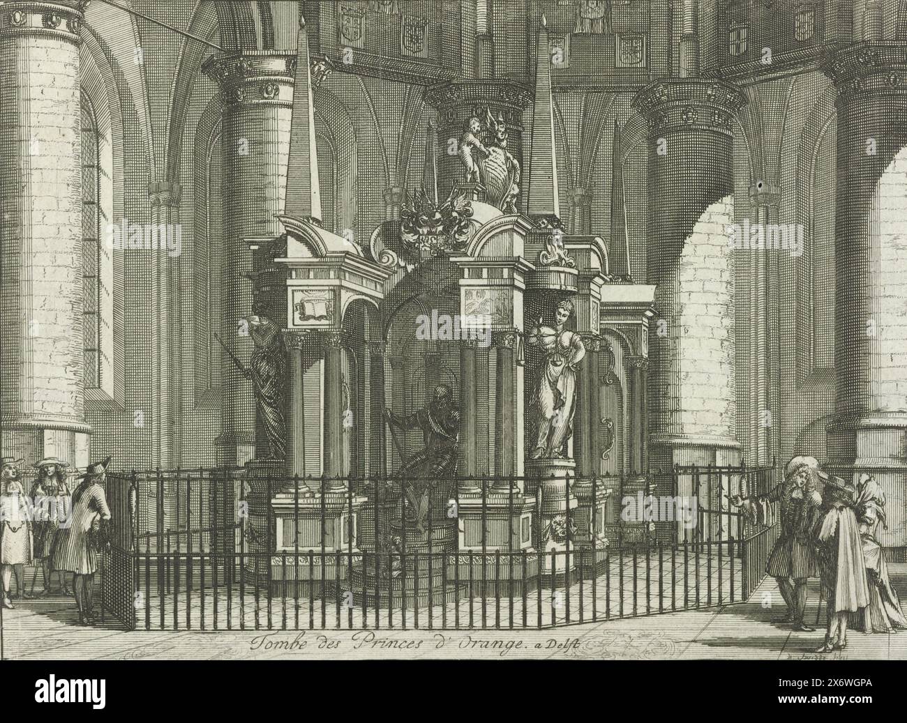 Tomba di Guglielmo i, Principe d'Orange, 1623, tomba o mausoleo di Guglielmo i nel Nieuwe Kerk a Delft, completata nel 1623. Vista dal davanti con la statua del principe seduto. Con visitatori intorno al recinto. In alto a destra "fig: A". Testo esplicativo sciolto in letterpress., stampa, stampatore: Willem Swidde, (menzionato sull'oggetto), editore: Pieter Mortier (i), Amsterdam, 1690, carta, incisione, altezza, 171 mm x larghezza, 227 mm Foto Stock