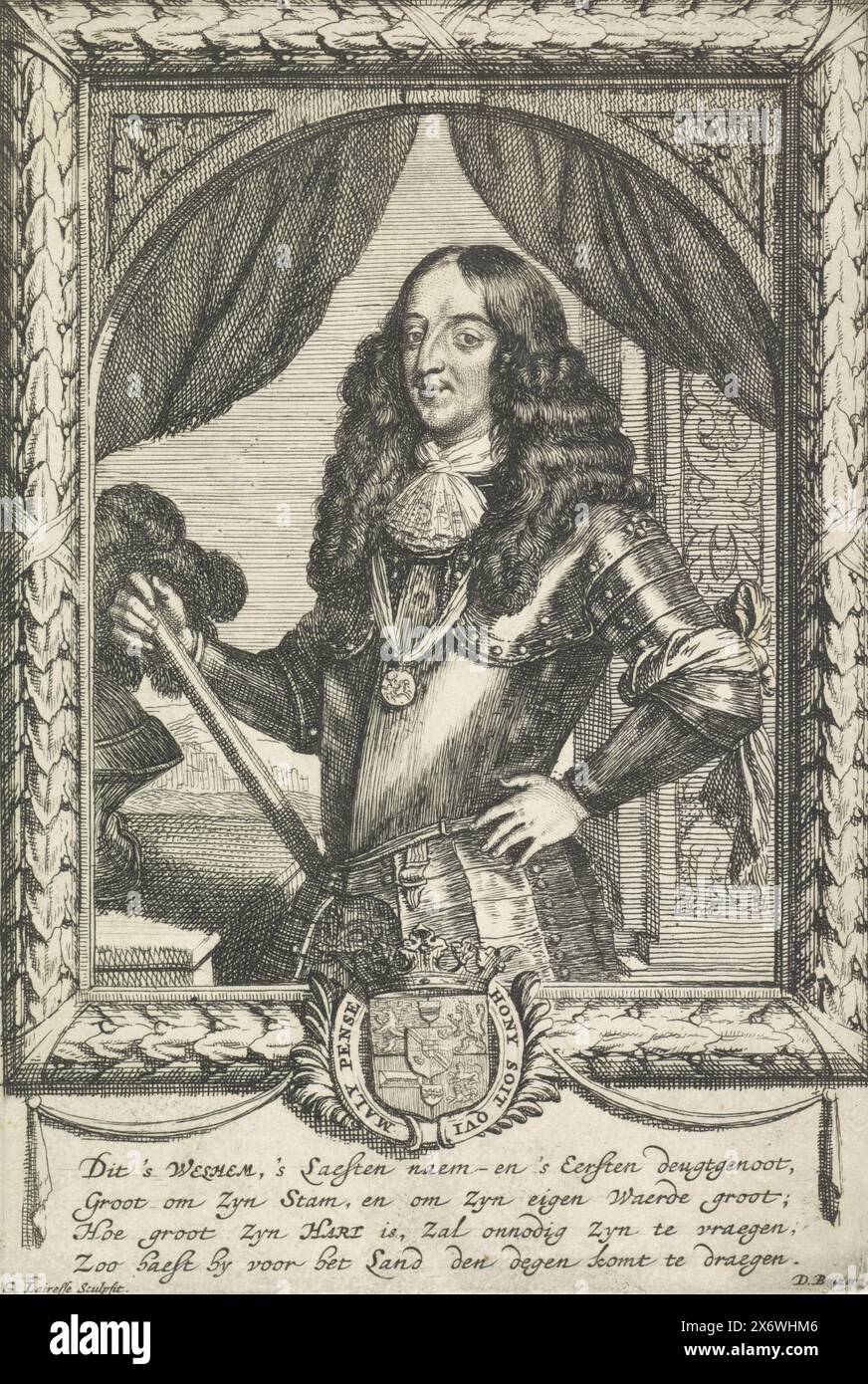 Ritratto di Guglielmo III, Principe d'Orange, Ritratto di Guglielmo III in un rettangolo di foglie d'alloro. Al centro sotto il suo stemma con una corona, decorata con la Giarrettiera e il motto dell'ordine della Giarrettiera. Quattro righe di testo olandese nel margine inferiore., stampa, tipografo: Gerard de Lairesse, (menzionato sull'oggetto), Dirk Buysero, (menzionato sull'oggetto), Paesi Bassi del Nord, 1670 - 1711, carta, incisione, incisione, altezza, 169 mm x larghezza, 115 mm Foto Stock