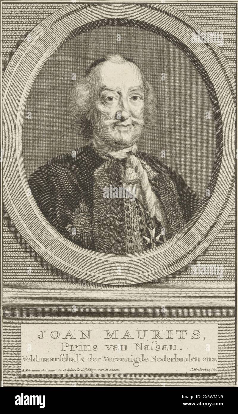 Ritratto di Johan Maurits, Conte di Nassau-Siegen, Ritratto di Johan Maurits in un ovale. In una scatola ci sono il nome e i titoli., stampa, stampatore: Jacob Houbraken, (menzionato sull'oggetto), dopo il disegno di: Aert Schouman, (menzionato sull'oggetto), dopo il dipinto di: Pieter Nason, (menzionato sull'oggetto), Amsterdam, 1749 - 1759, carta, incisione, altezza, 185 mm x larghezza, 119 mm Foto Stock