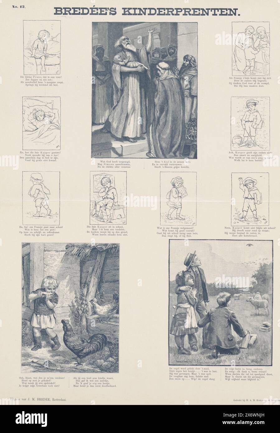 Varie rappresentazioni, stampe per bambini di Bredée (titolo della serie su oggetto), Foglio con 11 rappresentazioni di natura diversa, come scene con il buon ragazzo Frans e il cattivo ragazzo Kasper e il battesimo di un bambino. Da quattro a otto righe di versi sotto ogni immagine. Numerato in alto a sinistra: N. 12., stampa, editore: J.M. Bredée, (menzionato sull'oggetto), tipografo: Hendrik Adriaan Marius Roelants, (menzionato sull'oggetto), tipografo: Anonimo, editore: Rotterdam, tipografo: Schiedam, 1894 - 1918, carta, stampa intestata, altezza, 540 mm x larghezza, 410 mm Foto Stock