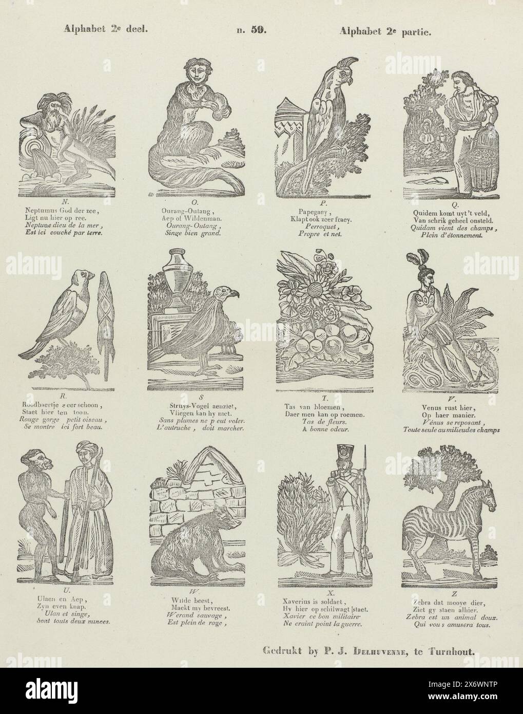 Alfabeto seconda parte, alfabeto seconda parte. (Titolo sull'oggetto), foglio con 12 rappresentazioni delle lettere dell'alfabeto (N-Z) illustrate con animali le cui parole iniziano con la lettera in questione. Un verso di quattro righe sotto ogni rappresentazione. Numbered top center: n. 59., stampa, editore: P.J. Delhuvenne, (menzionato sull'oggetto), tipografo: Anonimo, Turnhout, 1842 - 1856, carta, stampa letterpress, altezza, 405 mm x larghezza, 330 mm Foto Stock