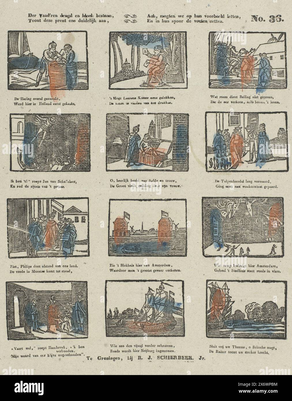 La virtù e il coraggio dei nostri padri, questa impronta ci mostra chiaramente, Oh, se potessimo prestare attenzione al loro esempio, e seguire le loro orme (titolo sull'oggetto), Foglio con 12 rappresentazioni di figure ed eventi della storia olandese, tra cui Laurens Janszoon Coster (uno degli inventori della stampa), Hugo Grotius fuggito dal castello di Loevestein e Filippo IV di Spagna e la Pace di Münster. Sotto ogni immagine un verso a due righe. Numerato in alto a destra: N. 36., stampa, Rudolph Jacob Schierbeek, (menzionato sull'oggetto), editore: Theodorus Johannes Wijnhoven-Hendriksen, stampatore: Anonimo Foto Stock