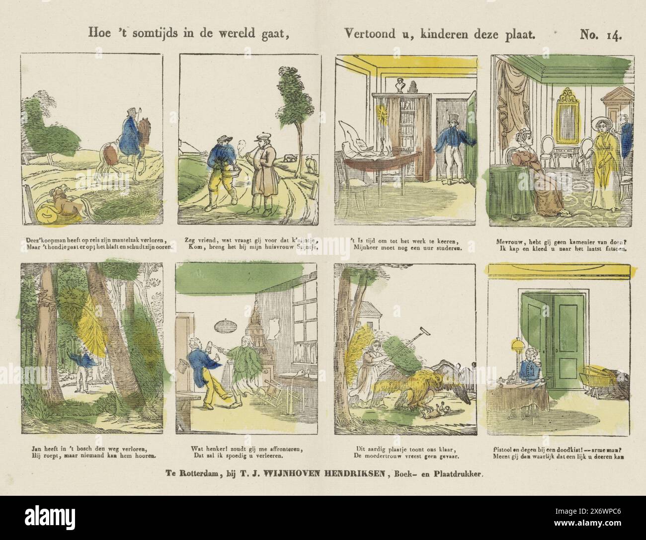 Come vanno le cose a volte nel mondo, mostrate ai bambini questa foto (titolo su oggetto), foglio con 8 rappresentazioni di figure e attività diverse, tra cui un uomo nel suo studio e una madre che salva il bambino da un'aquila. Un verso a due righe sotto ogni rappresentazione. Numerato in alto a destra: N. 14., stampa, editore: Theodorus Johannes Wijnhoven-Hendriksen, (menzionato sull'oggetto), stampatore: Anonimo, Rotterdam, 1832 - 1850, carta, stampa intestata, altezza, 335 mm x larghezza, 420 mm Foto Stock