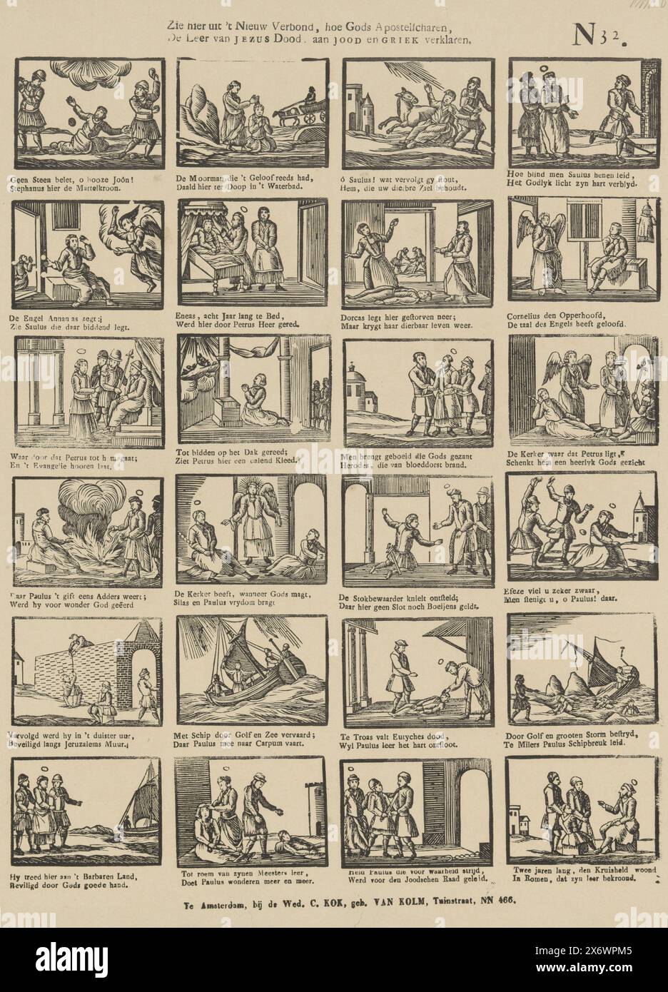 Vedi qui dal nuovo patto, come gli ospiti apostoli di Dio spiegano l'insegnamento della morte di Gesù all'ebreo e al greco (titolo sull'oggetto), foglio con 24 rappresentazioni degli apostoli che proclamano la fede. Sotto ogni immagine un verso a due righe. Numerato in alto a destra: N. 32., stampa, editore: Weduwe C. Kok-van Kolm, (menzionato sull'oggetto), stampatore: Anonimo, editore: Amsterdam, stampatore: Paesi Bassi, 1842 - 1866, carta, stampa intestata, altezza, 389 mm x larghezza, 310 mm Foto Stock