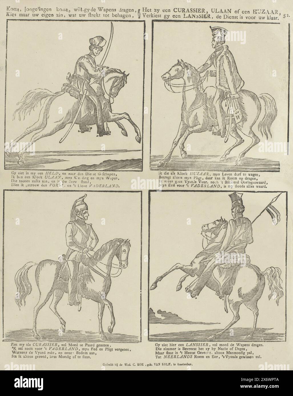 Venite, giovani, se volete portare le armi, scegliete la vostra volontà, cosa vi piace, che sia un curassiere, un ulaan o un ussaro, se preferite un lancer, il servizio è pronto per voi (titolo su oggetto), Foglio con 4 rappresentazioni di soldati a cavallo. Sotto ogni immagine un verso di quattro righe. Numerato in alto a destra: 52., stampa, editore: Weduwe C. Kok-van Kolm, (menzionato sull'oggetto), stampatore: Anonimo, editore: Amsterdam, stampatore: Paesi Bassi, 1842 - 1866, carta, stampa intestata, altezza, 395 mm x larghezza, 322 mm Foto Stock
