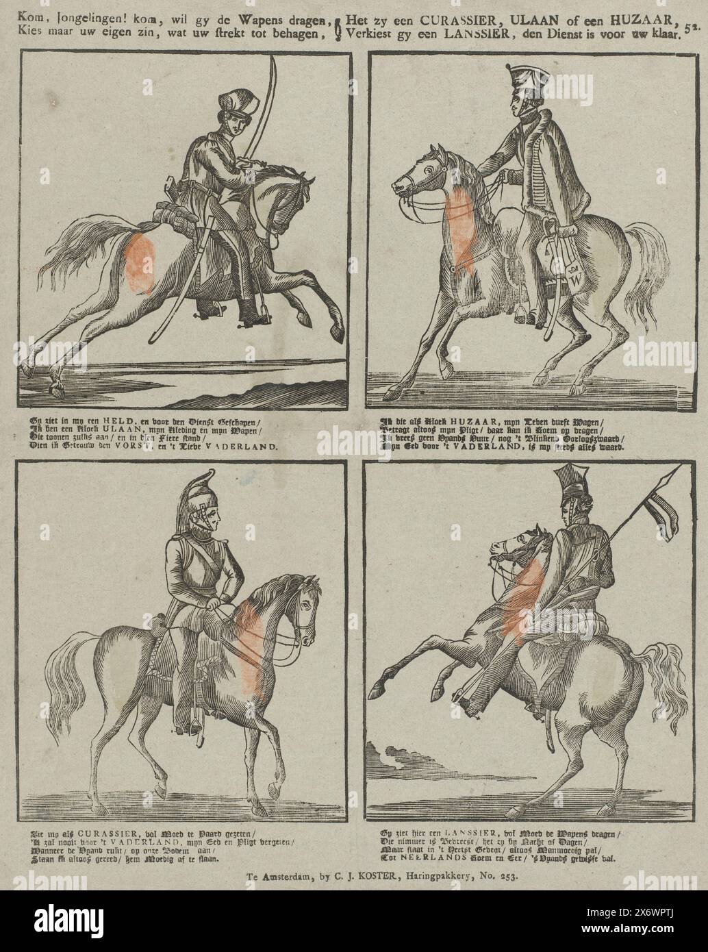 Venite, giovani, se volete portare le armi, scegliete la vostra volontà, cosa vi piace, che sia un curassiere, un ulaan o un ussaro, se preferite un lancer, il servizio è pronto per voi (titolo su oggetto), Foglio con 4 rappresentazioni di soldati a cavallo. Sotto ogni immagine un verso di quattro righe. Numerato in alto a destra: 52., stampa, Cornelis Johannes Koster, (menzionato sull'oggetto), editore: Weduwe C. Kok-van Kolm, stampatore: Anonimo, Amsterdam, editore: Amsterdam, stampatore: Paesi Bassi, 1842 - 1866, carta, stampa intestata, altezza, 402 mm x larghezza, 331 mm Foto Stock
