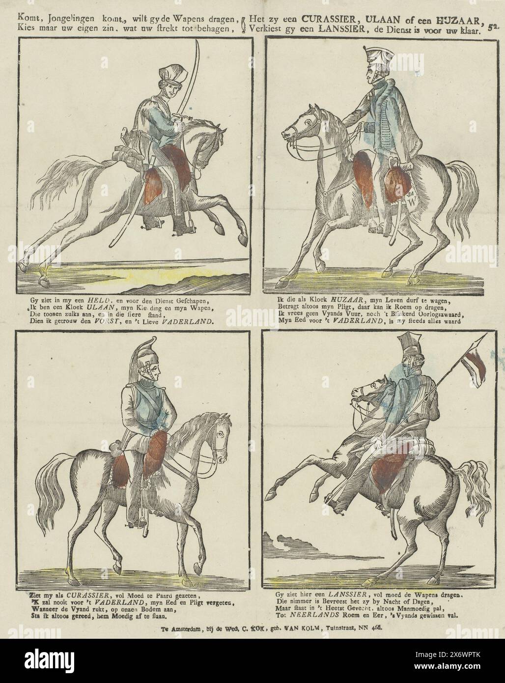 Venite, giovani, se volete portare le armi, scegliete la vostra volontà, cosa vi piace, che sia un curassiere, un ulaan o un ussaro, se preferite un lancer, il servizio è pronto per voi (titolo su oggetto), Foglio con 4 rappresentazioni di soldati a cavallo. Sotto ogni immagine un verso di quattro righe. Numerato in alto a destra: 52., stampa, editore: Weduwe C. Kok-van Kolm, (menzionato sull'oggetto), stampatore: Anonimo, editore: Amsterdam, stampatore: Paesi Bassi, 1842 - 1866, carta, stampa intestata, altezza, 399 mm x larghezza, 325 mm Foto Stock