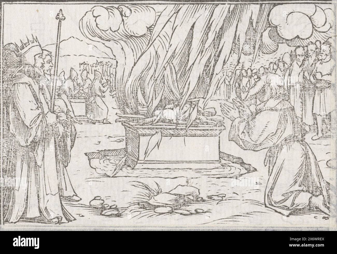 Il sacrificio di Elia consumato dal fuoco, l'altare con il sacrificio di Elia è acceso dal fuoco di Dio come segno del suo potere. A sinistra ci sono i sacerdoti di Baal che hanno tentato invano di bruciare il loro sacrificio, a destra Elia si inginocchia mentre invocano Dio. Nel margine dell'immagine è presente il testo III Regvm XVIII [2 Re 18 Foto Stock