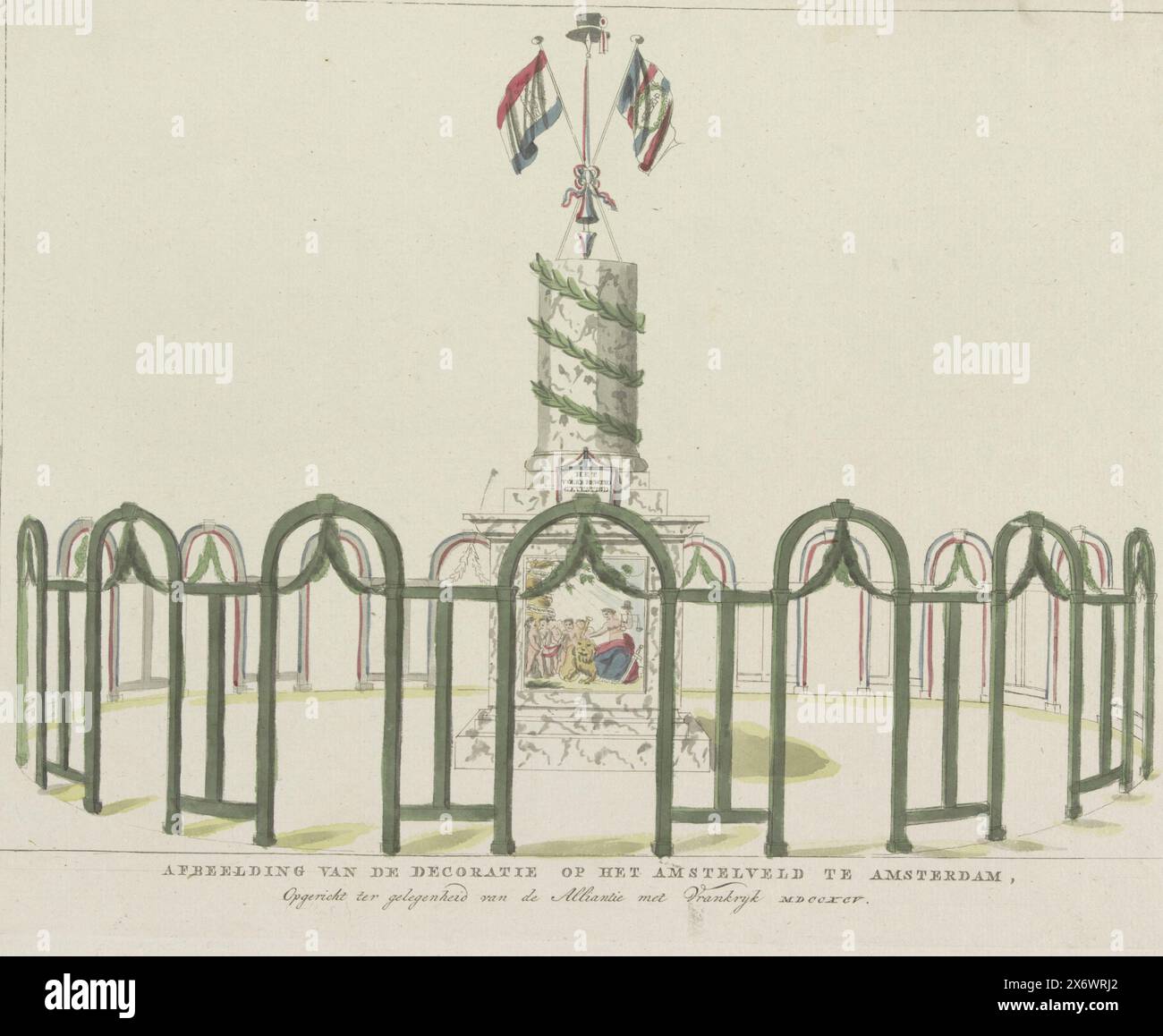 Il governo popolare istituito, decorazione sull'Amstelveld, 1795, immagine della decorazione sull'Amstelveld ad Amsterdam, eretta in occasione dell'Alleanza con Vrankryk MDCCXCV (titolo sull'oggetto), dieci decorazioni all'Alliance Festival di Amsterdam nel 1795 (titolo di serie), istituito dal governo popolare, decorazione allegorica eretta sull'Amstelveld ad Amsterdam durante l'Alliance Festival il 19 giugno 1795. Colonna coronata da un cappello di libertà e dalle bandiere dei Paesi Bassi e della Francia. Chassinet in cui la Vergine olandese accoglie sette bambini che rappresentano i sette Foto Stock