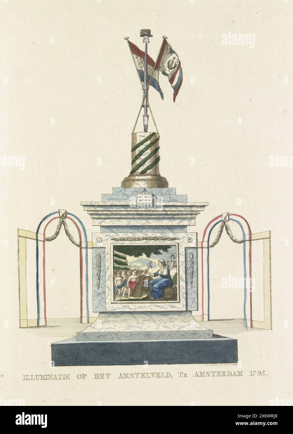 Il governo del popolo ha istituito, decorazione sull'Amstelveld, 1795, illuminazione sull'Amstelveld, Amsterdam 1795 (titolo sull'oggetto), tredici decorazioni all'Alliance Festival di Amsterdam nel 1795 (titolo della serie), il governo del popolo ha istituito, decorazione allegorica eretta sull'Amstelveld ad Amsterdam all'Alliance Festival il 19 giugno 1795. Colonna coronata da un cappello di libertà e dalle bandiere dei Paesi Bassi e della Francia. Chassinet in cui la Vergine olandese accoglie sette bambini che rappresentano le sette province. Parte di una serie di tredici lastre., stampa, stampatore: A. Foto Stock