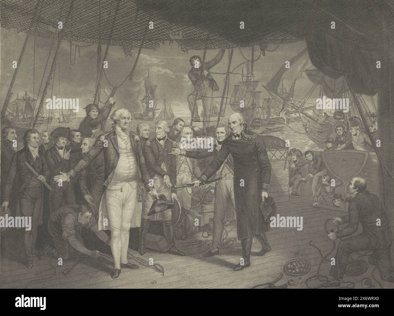 Resa di De Winter dopo la perduta battaglia navale a Kamperduin, 1797, al re questa incisione e rappresentazione storica della Vittoria di Lord Visconte Duncan e le dimissioni dell'ammiraglio De Winter a bordo del Venerabile, Octr. 11th 1797 (...) (titolo oggetto), resa del viceammiraglio Jan Willem de Winter all'ammiraglio Adam Duncan a bordo della nave da guerra britannica Venerable, l'11 ottobre 1797 dopo la battaglia persa di Kamperduin. De Winter presenta la sua sciabola a Duncan., stampa, tipografo: Daniel orme, (menzionato sull'oggetto), dopo aver dipinto di: Daniel orme, (menzionato sull'oggetto), editore Foto Stock