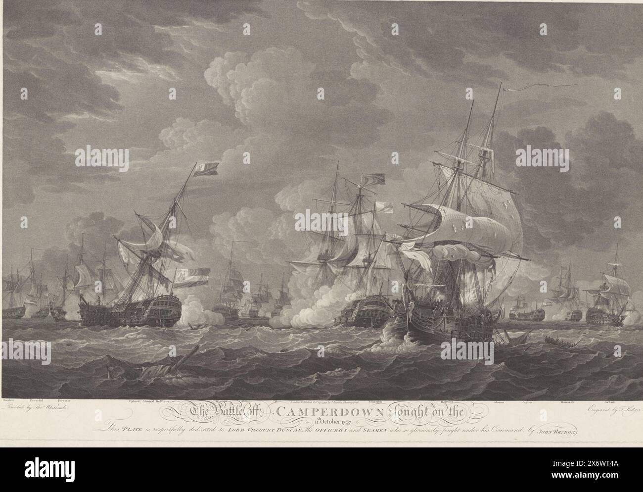 Battaglia di Kamperduin, 1797, battaglia di Camperdown; combattuta l'11 ottobre 1797 (titolo oggetto), battaglia di Kamperduin l'11 ottobre 1797 tra la flotta batava comandata dal viceammiraglio Jan Willem de Winter e una flotta britannica al comando dell'ammiraglio Adam Duncan. A sinistra, la nave Vrijheid van De Winter perde il suo albero, in primo piano a destra l'equipaggio lascia la nave Hercules, che è in fiamme. Sono indicati anche i nomi di altre navi in battaglia., stampa, stampatore: Thomas Hellyer, (menzionato sull'oggetto), dopo aver dipinto di: Thomas Whitcombe, (menzionato sull'oggetto Foto Stock