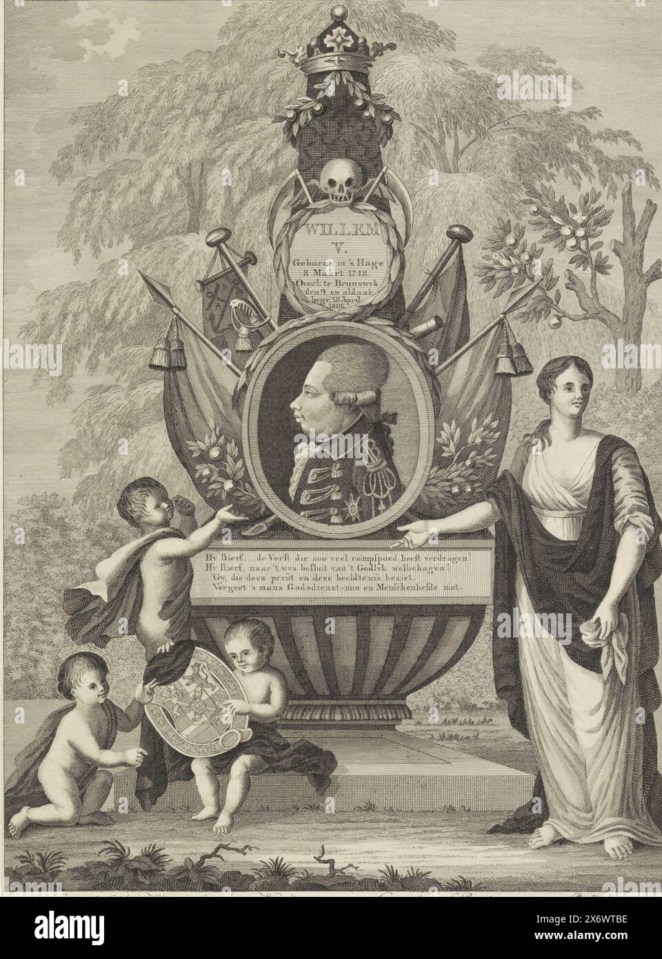 Tomba allegorica monumento per il principe Willem V, 1806, tomba monumento per il principe Willem V, morto il 9 aprile 1806. Sulla tomba un ritratto ovale del principe, circondato da striscioni e rami arancioni. Sotto il ritratto un verso di quattro righe. La donna in piedi a destra è amicizia, a sinistra tre bambini con lo stemma del principe., stampa, tipografo: Cornelis Bogerts, (menzionato sull'oggetto), dopo aver disegnato da: Christiaan van Waardt, (menzionato sull'oggetto), editore: Christiaan van Waardt, (menzionato sull'oggetto), Paesi Bassi, 1806, carta, incisione, incisione, altezza, 404 mm Foto Stock