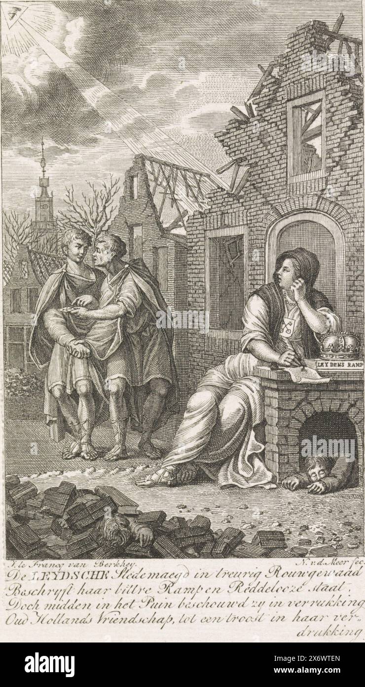 Allegoria sul disastro di Leida, 1807, la città vergine di Leida seduta a scrivere del suo disastro tra le rovine dopo il disastro della polvere da sparo a Leida il 12 gennaio 1807. Trova conforto in due uomini olandesi in abiti rumeni che indicano lo stemma di Leida e si mostrano in amicizia raggiungere. L'occhio che vede tutto dal cielo. In fondo un verso di quattro righe., stampa, stampatore: Noach van der Meer (II), (menzionato sull'oggetto), su disegno di: Johannes le Francq van Berkhey, (menzionato sull'oggetto), Paesi Bassi, 1807 - 1812, carta, incisione, incisione, altezza, 174 mm Foto Stock