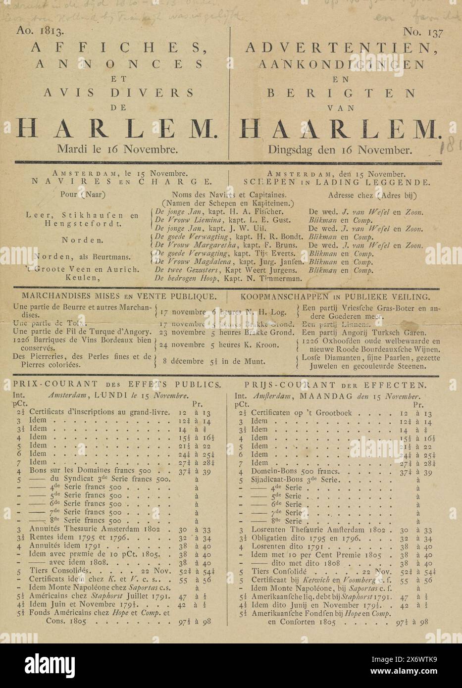 Rapporti da Haarlem, 1813, poster, annunci e notizie da Harlem. Mardi le 16 novembre, annunci pubblicitari, annunci e messaggi da Haarle. Dingsdag den 16 November (title on object), Magazine with Economic and business news regarding the City of Haarlem, 16 novembre 1813, no 137. Rivista piegata stampata su tutti i lati. Foglio di testo, stampante: Johan Enschedé & Zn., (menzionata sull'oggetto), Haarlem, 1813, carta, stampa con carta intestata, altezza, 276 mm x larghezza, 230 mm Foto Stock