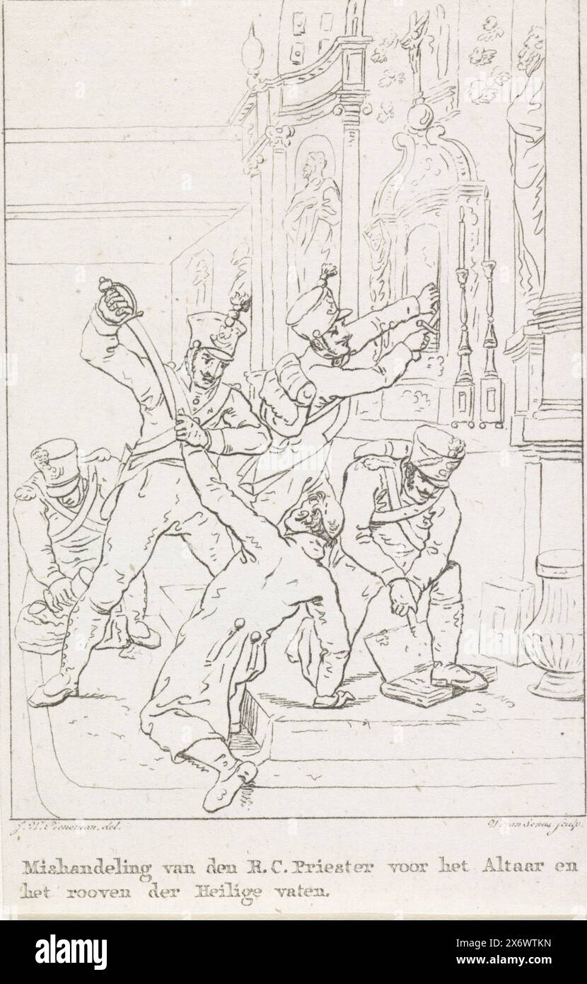Saccheggio della chiesa cattolica di Woerden, 1813, assalto del sacerdote R.C. prima dell'altare e rapina dei vasi sacri (titolo sull'oggetto), saccheggio della Chiesa cattolica e abuso del sacerdote da parte dei soldati francesi. Parte di un gruppo di illustrazioni che raffigurano le atrocità commesse dalle truppe francesi durante l'invasione e il saccheggio di Woerden il 24 e 25 novembre 1813., stampa, tipografo: Willem van Senus, (menzionato sull'oggetto), dopo aver disegnato: Jan Willem Pieneman, (menzionato sull'oggetto), Paesi Bassi, 1813 - 1814, carta, incisione, altezza, 142 mm x larghezza, 92 mm Foto Stock