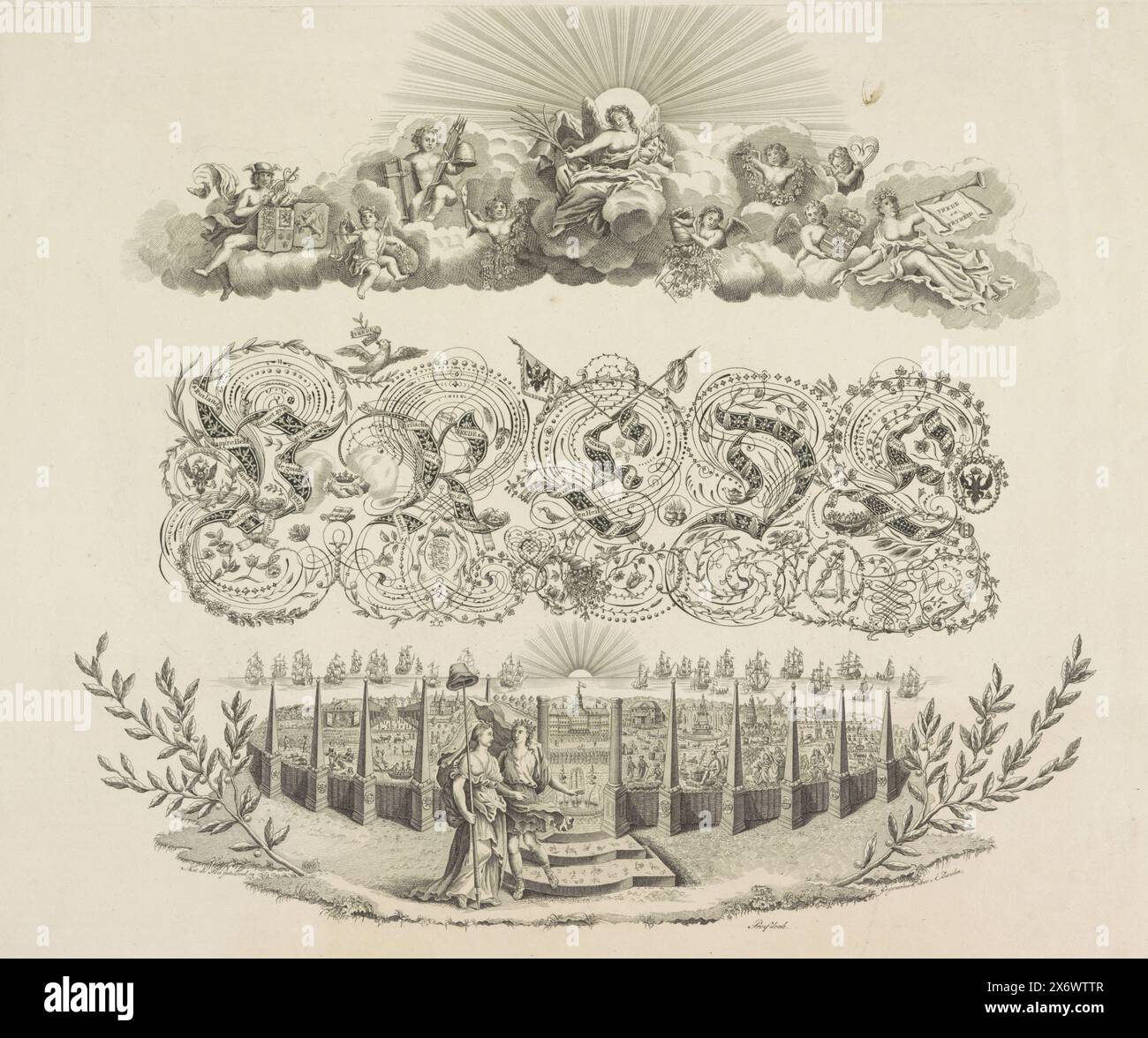 Allegoria sulla pace di Parigi, 1814, Pace (titolo sull'oggetto), Allegoria sulla prima pace di Parigi, 30 maggio 1814. Centrale nella calligrafia è la parola "Pace" in cui una banderole con un'iscrizione in onore di uno degli alleati Russia, Gran Bretagna, Prussia e Austria. In fondo al Giardino olandese si può riconoscere una città con alcuni edifici di Amsterdam (Palazzo reale, Beurs e Waag). L'agricoltura e il commercio fioriscono all'interno e all'esterno della città. Le colonne della recinzione contengono gli stemmi delle sette province e del monarca sovrano. Al cancello d'ingresso si trova la Vergine olandese Foto Stock