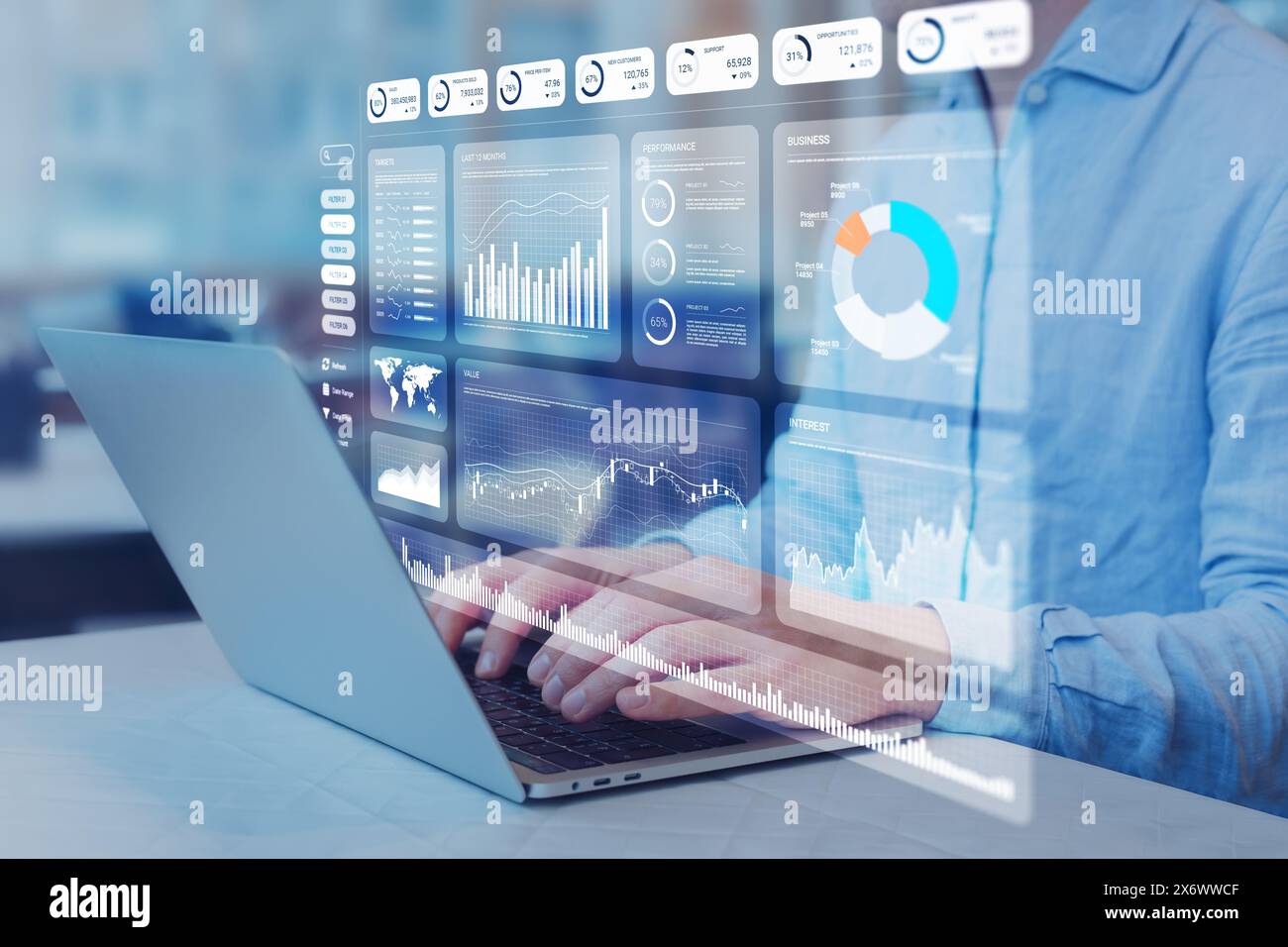 Analista che collabora con Financial Report e Business Analytics Dashboard su un computer portatile per analizzare i dati finanziari con KPI e metriche. Investimenti, Foto Stock