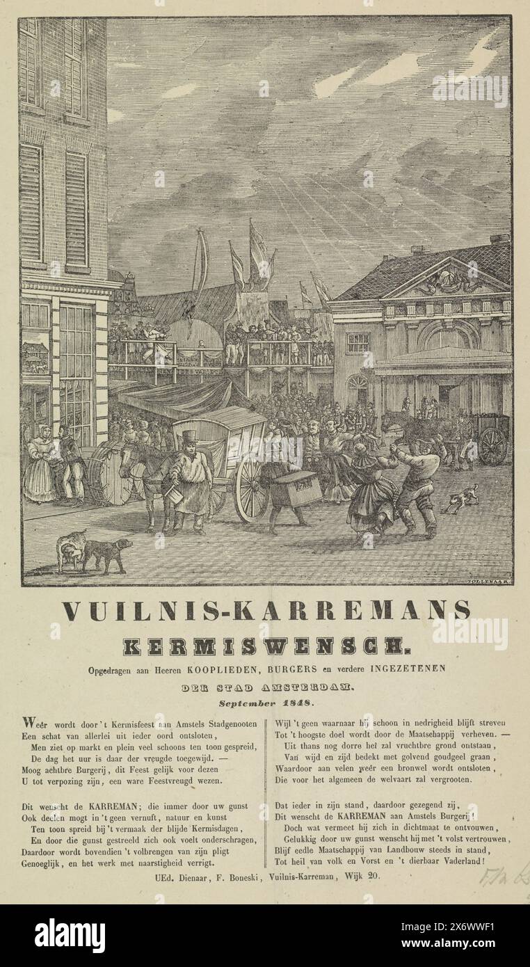 Stampa fiera dei collezionisti di rifiuti di Amsterdam per l'anno 1848, Vuilnis-karremans Fair Wish (titolo sull'oggetto), stampa fiera dei collezionisti di rifiuti di Amsterdam per l'anno 1848. Vista della fiera sul Botermarkt con il vecchio Waag. Due carrelli per la spazzatura sul mercato. Con poesia in due colonne. Dalla spazzatura cartman nel distretto n. 20: F. Boneskie., tipografo: Dirk Wijbrand Tollenaar, (menzionato sull'oggetto), Amsterdam, 1848, carta, stampa di lettere, incisione su legno, altezza, 338 mm x larghezza, 220 mm Foto Stock