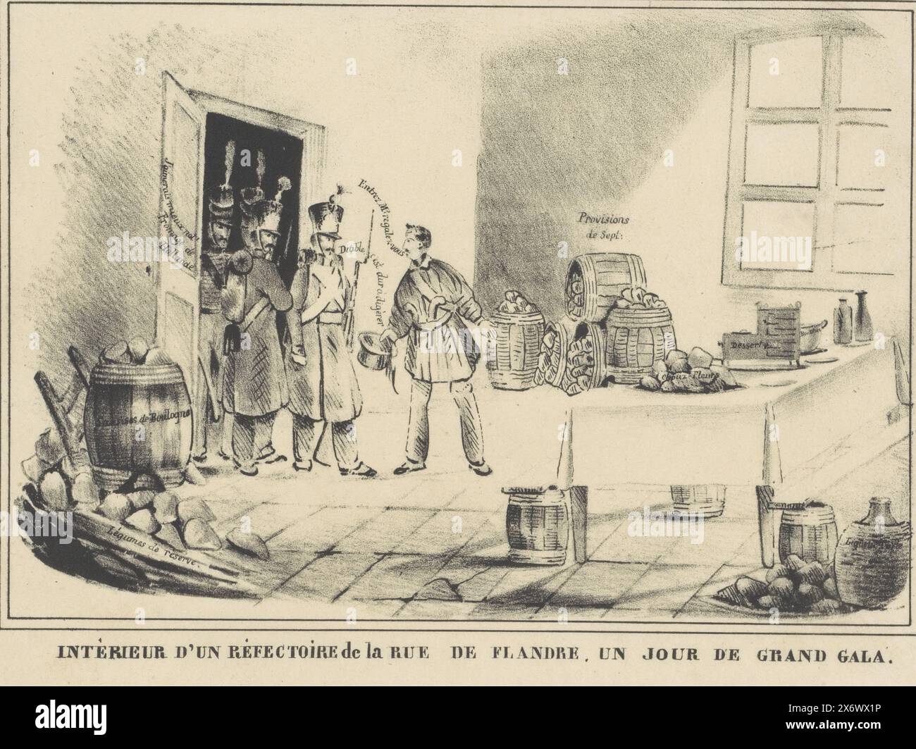 Cartone animato sull'esercito olandese, 1830, Intérieur d'un réfectoire de la Rue de Flandre, un jour de Grand gala (titolo oggetto), Cartoon sulla resistenza che le truppe olandesi incontrarono dai ribelli belgi in Rue de Flandre (Vlaamsesteenweg) a Bruxelles il 23 settembre 1830. Un insorto accoglie i soldati olandesi come suoi ospiti in una stanza con pietre di pavimentazione e olio bollente., stampa, stampatore: Anonimo, Belgio, 1830 - 1831, carta, altezza, 187 mm x larghezza, 252 mm Foto Stock