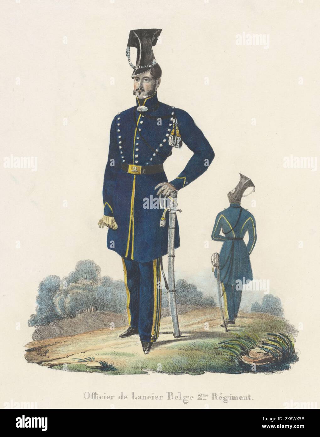 Belga Lancer, 1830, Officier de Lancier Belge 2.me Régiment (titolo oggetto), ufficiale del 2nd Regiment of Belgian lancers, 1830. Parte di un gruppo di rappresentazioni di uniformi belghe., stampa, tipografo: Sconosciuto, (menzionato sull'oggetto), tipografo: Jean Baptiste Ambroise Marcellin Jobard, (menzionato sull'oggetto), tipografo: Belgio, tipografo: Bruxelles, 1830 - 1831, carta, altezza, 265 mm x larghezza, 225 mm Foto Stock