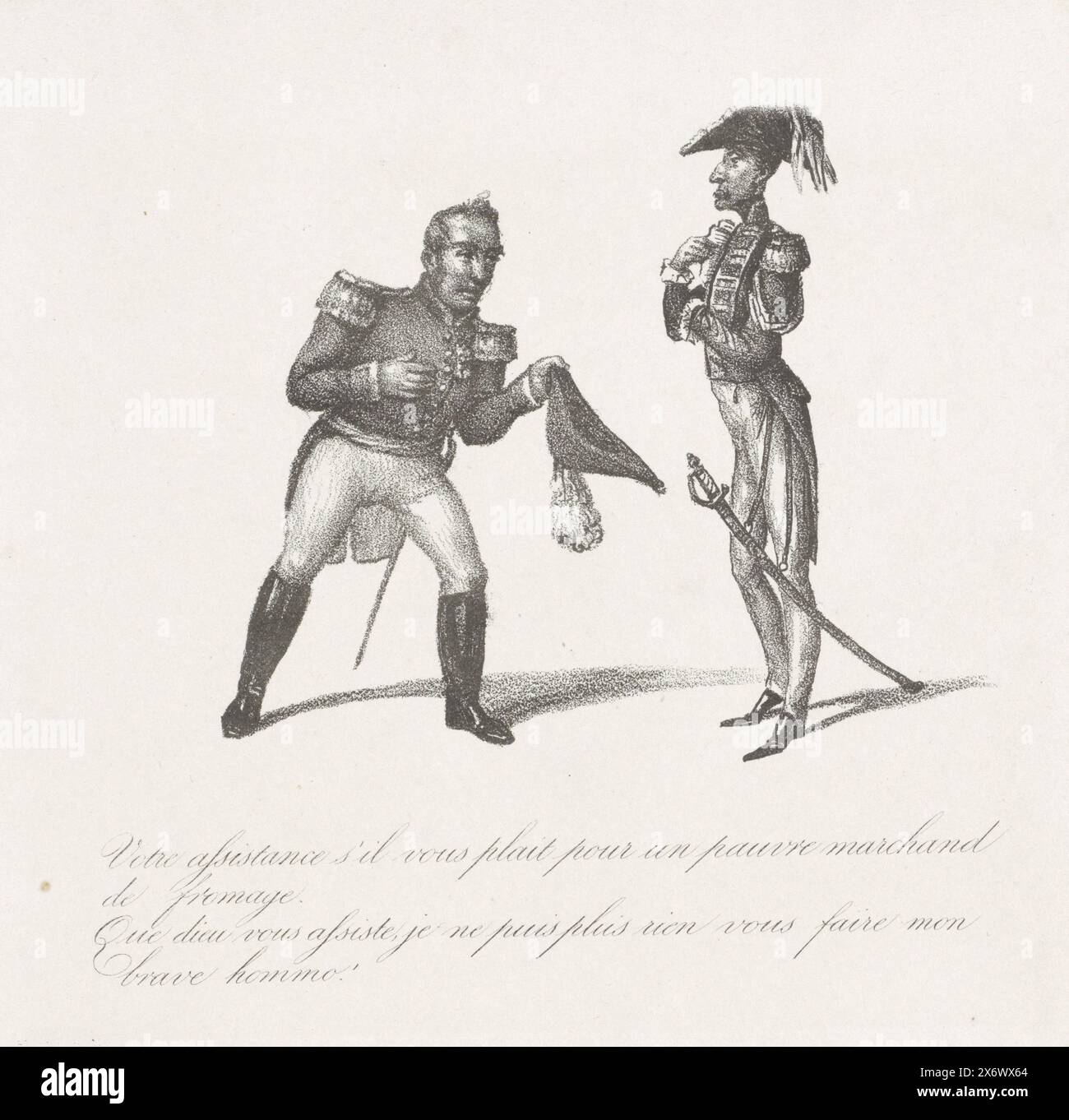 Guglielmo i chiede invano assistenza all'Inghilterra, 1839, Cartoon per le infruttuose richieste di aiuto da parte di re Guglielmo i alla Gran Bretagna, 1830. Guglielmo i, cappello in mano, chiede aiuto al ministro inglese Lord Aberdeen "come un povero venditore di formaggi". Con didascalia a quattro righe, stampa, stampatore: Anonimo, Belgio, 1830 - 1831, carta, altezza, 195 mm x larghezza, 230 mm Foto Stock