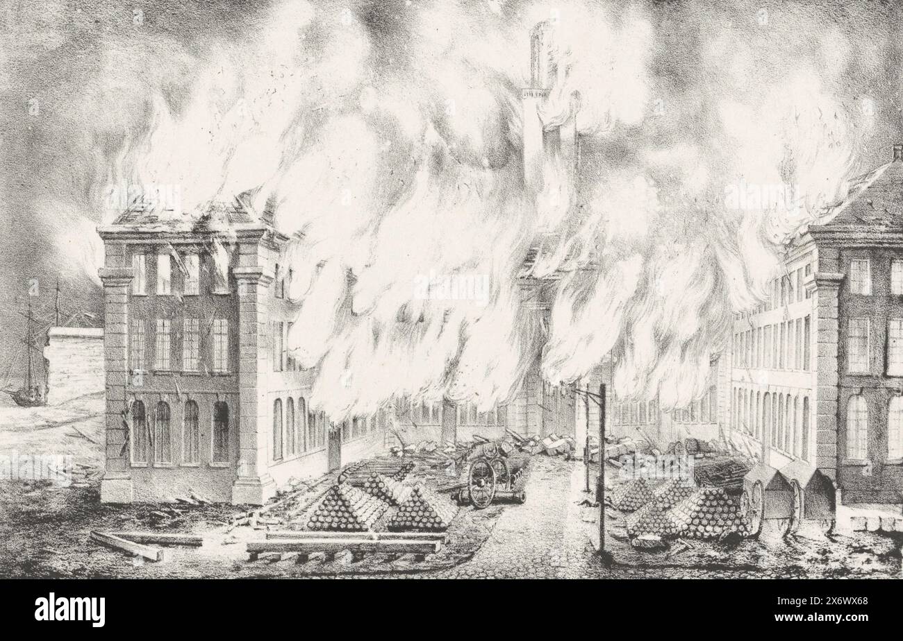 Fuoco nell'Arsenale, 1830, Vue de l'Incendie de l'Arsenal d'Anvers, le 27 8.bre 1830 (titolo sull'oggetto), Nineteen Places of the Fighting in Anversa, 26-27 ottobre 1830 (titolo della serie), l'Arsenale si infuria durante il bombardamento di Anversa il 27 ottobre 1830. Parte di una serie di diciannove tavole dei combattimenti ad Anversa, 26-27 ottobre 1830., stampa, stampatore: Anonimo, stampante: Henry Ratinckx, (menzionato sull'oggetto), stampatore: Belgio, stampatore: Anversa, 1830 - 1831, carta, altezza, 228 mm x larghezza, 304 mm Foto Stock