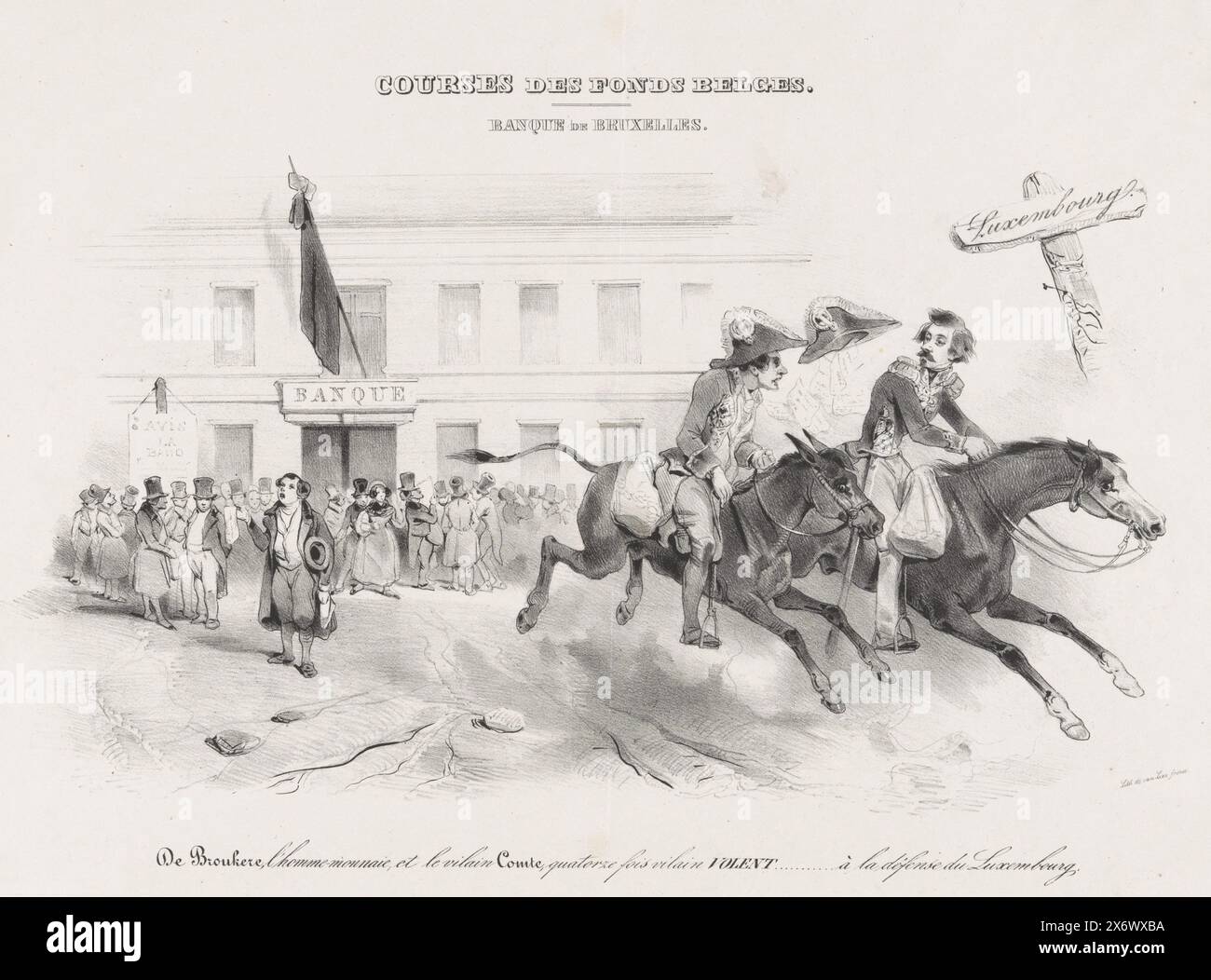 Cartone animato dei direttori delle banche in fuga De Brouckere e Conte di Vilain XIV, 1838, Courses des Fonds Belges. Banque de Bruxelles (titolo oggetto), Cartoon sui direttori bancari belgi De Brouckere e Conte de Vilain XIV che fuggono in Lussemburgo come Don Chisciotte e Sancho Panza con sacchi di denaro pieni. Sullo sfondo, la Banca di Bruxelles, dove è stata innalzata la bandiera del lutto e dove è sorto un gran numero di persone. La stampa è stata pubblicata nel 1838., stampa, stampante: Gebroeders van Lier, Paesi Bassi, 1838, carta, altezza, 329 mm x larghezza, 439 mm Foto Stock