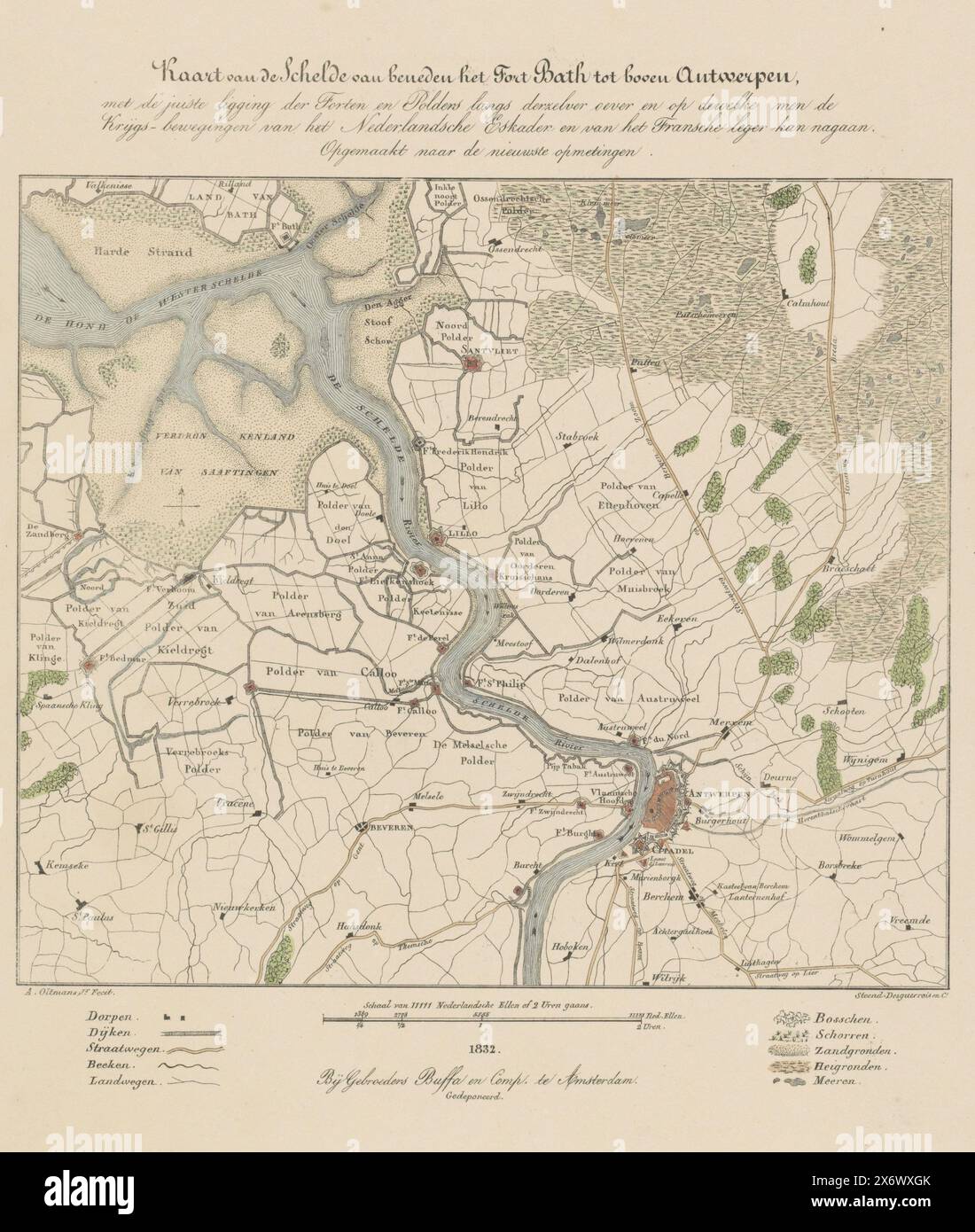 Mappa della Schelda, 1832, mappa della Schelda da sotto Fort Bath a sopra Anversa, con la corretta ubicazione dei forti e dei polder lungo la sua riva e su cui possono essere rintracciati i movimenti militari dello Squadrone olandese e dell'esercito francese (titolo sull'oggetto), mappa del corso della Schelda da Fort Bath ad Anversa. In connessione con l'assedio della Cittadella di Anversa da parte dell'esercito francese, dicembre 1832. Nella parte inferiore una barra di scala e la legenda dei simboli utilizzati. Stampa, stampatore: Alexander Oltmans, (menzionato sull'oggetto), stampante: Desguerrois & Co., (menzionato sull'oggetto), editore Foto Stock