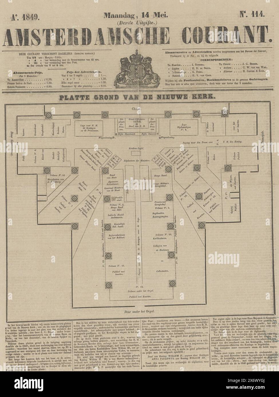 Amsterdamsche Courant. Lunedì 14 maggio. (Terza edizione). Ao. 1849.No 114 (titolo sull'oggetto), Amsterdamsche Courant del 14 maggio 1849 con la mappa del Nieuwe Kerk ad Amsterdam con la disposizione dei posti all'inaugurazione di re Willem III il 12 maggio 1849. Pagina piegata stampata su tutti e quattro i lati. Stampante: Jacobus van Bonga jr., (menzionata sull'oggetto), Amsterdam, 14-maggio-1849, carta, stampa con carta intestata, altezza, 483 mm x larghezza, 368 mm Foto Stock