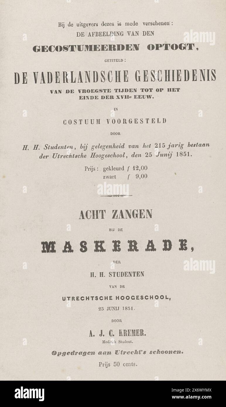 Annuncio della serie di stampe e otto canzoni della maschera di Utrecht del 1851, annuncio della pubblicazione delle otto stampe e otto canzoni della maschera degli studenti di Utrecht, 25 giugno 1851., foglio di testo, editore: Dannenfelser & Doorman, Utrecht, 1851, carta, stampa letteraria, altezza, 230 mm x larghezza, 154 mm Foto Stock